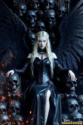 A blonde woman sits on a throne of dark skulls with black wings spread under dim light