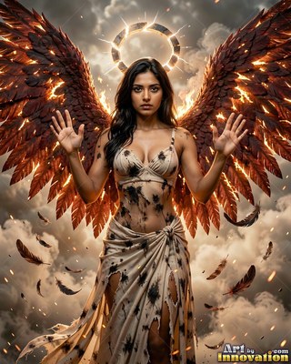 Against cloudy skies, a winged woman in a torn tan dress raises both hands