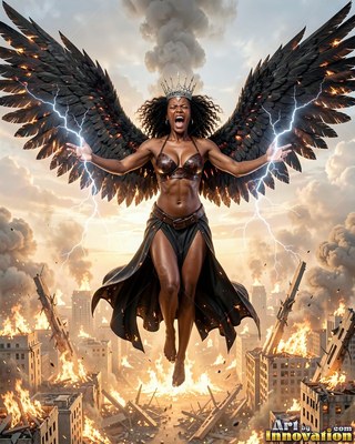 Hovering over a burning city, a winged woman in a crown throws lightning from her hands