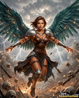 A woman with wings in leather armor flies above skulls