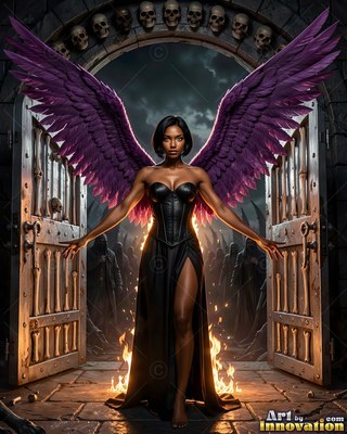 A black corset on a woman with wings stepping through stone doors over fire