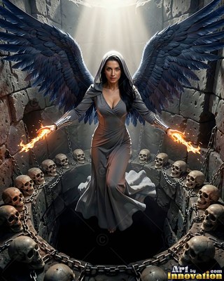 A hooded winged woman hovers above a pit of skulls, casting bright yellow fire from both hands