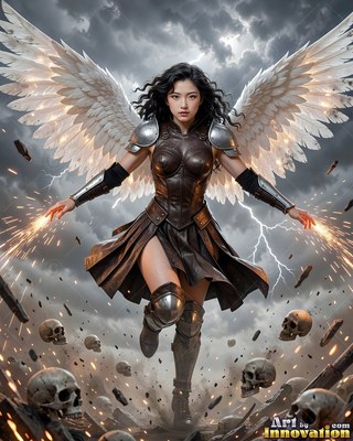 Floating forward over skulls, a woman with wings in dark armor casts sparks