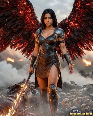 A dark-haired woman in armor with fiery wings holds a flaming sword over skulls