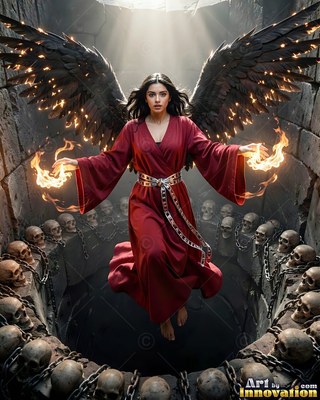 In a stone pit lined with skulls, a woman with feathered wings in a red robe holds fire