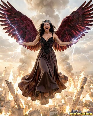 Hovering above a burning city, a winged woman in a dark gown screams as lightning arcs from her hands