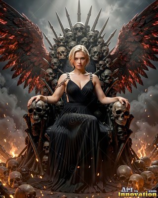 Wearing a black pleated dress on a throne of skulls, a winged blonde woman sits surrounded by fire