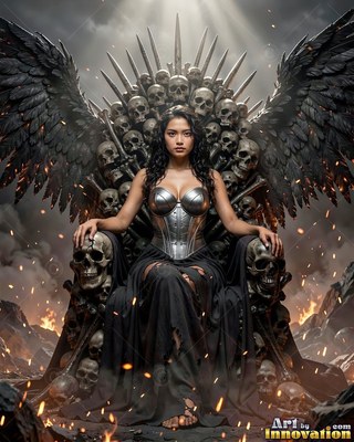 Seated on a skull throne, a winged woman wears a silver corset