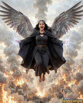 A winged woman in a dark robe flies over a burning city with lightning in her hands