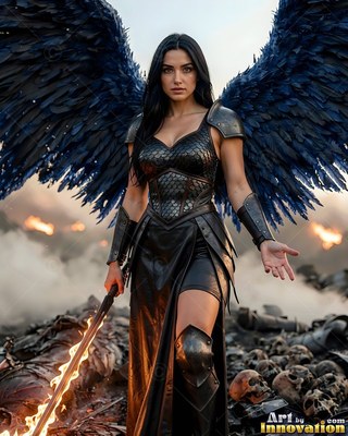 Standing on a battlefield, a dark woman with feathered wings in armor holds a burning sword