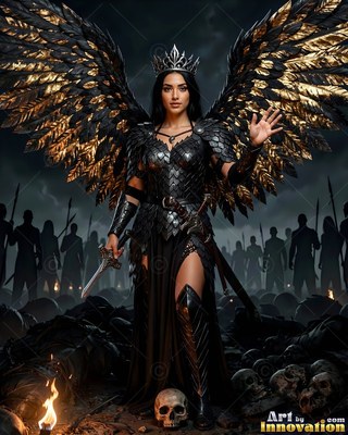 Standing front and center on a battlefield, a winged woman holds a sword in black armor