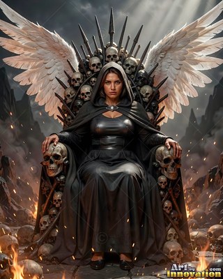 A hooded woman sits on a bone throne with white wings spreading behind her