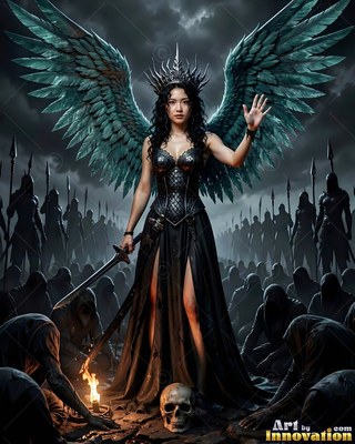 Holding a sword, a winged woman in a black dress stands before an army in the dark