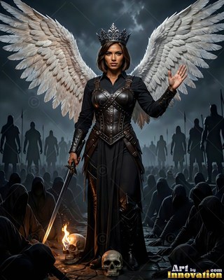 Standing straight on a dark battlefield, a winged woman in a crown holds a sword