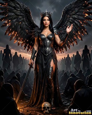 A crowned winged woman in black armor holds a sword over a skull