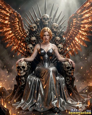 A woman with bronze wings sits on a skull throne