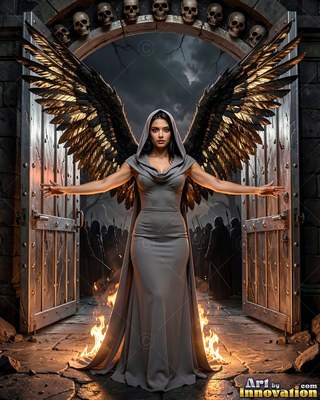 A winged woman in a gray hooded gown stands in front of open wooden doors with fire at her feet