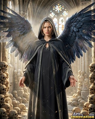 Standing before piles of skulls, a hooded woman spreads wide black feathered wings