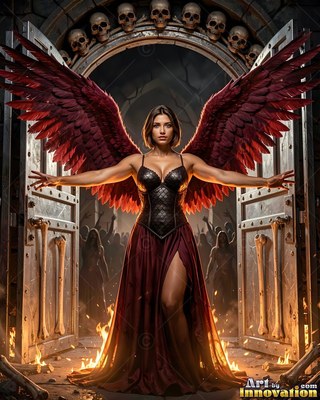 Arms spread wide, a winged woman stands in an open stone doorway over fire