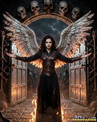 A winged woman stands with open arms before a gate of skulls