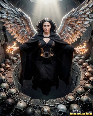 Winged woman in a black robe holding fire over skulls