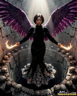 A woman with feathered wings holds fire in her hands, lit by pale beams in a stone pit