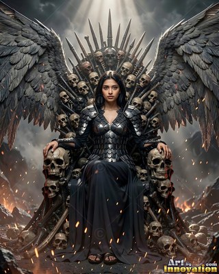 A woman with wings in dark scale armor sits on a throne of human skulls