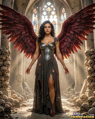 In a sunlit stone hall full of skulls, a winged woman stands in dark armor