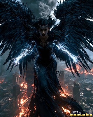 Above a burning city, a winged woman in black holds bolts of blue lightning