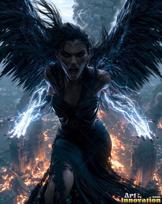 Screaming with black wings spread, a winged woman casts blue lightning above a burning city