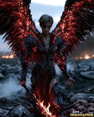 Woman with fiery red wings holding a dark sword