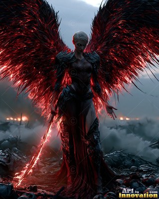 Red feathered wings spread from a woman in dark armor holding a flaming sword on a smoky battlefield