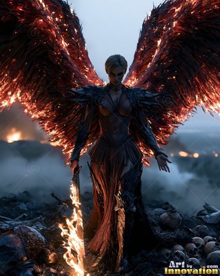 A woman with wings stands holding a burning sword with bright orange fire on her wings