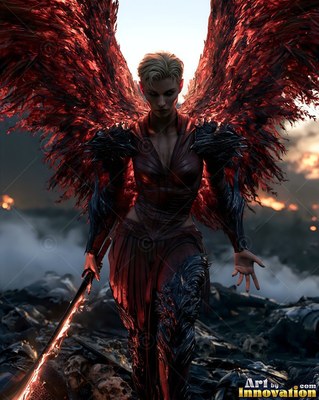 Standing on a dark battlefield, a woman with red wings holds a sword