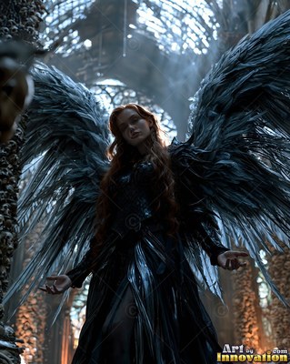 A woman with long red hair and dark feathered wings stands in a ruined hall
