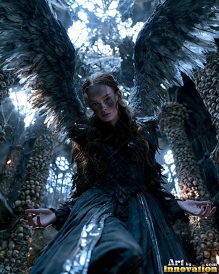 In a dark bone crypt, a woman with feathered wings looks down with open hands