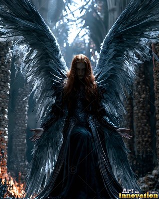 Spreading large dark feathered wings, a woman with feathered wings in black armor holds her hands low