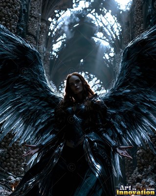 A woman in dark armor spreads large feathered wings inside a ruined hall