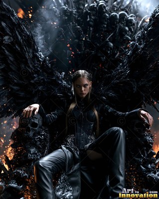 In a black leather corset, a winged woman sits upon a throne of skulls in the dark