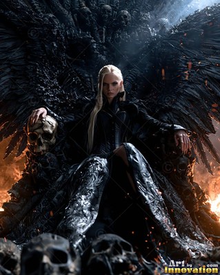 A blonde woman sits on a throne of black skulls with warm firelight behind her