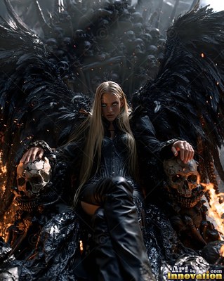 Seated on a throne of skulls, a woman with feathered wings in black looks forward