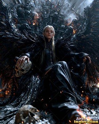 A blonde woman with black wings sits holding a skull on a throne of bones