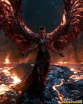 On a field of lava, a woman with wings in a dark dress holds out her hands