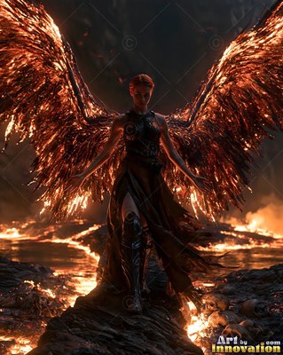Spreading fiery bronze wings, an armored woman stands above a river of lava