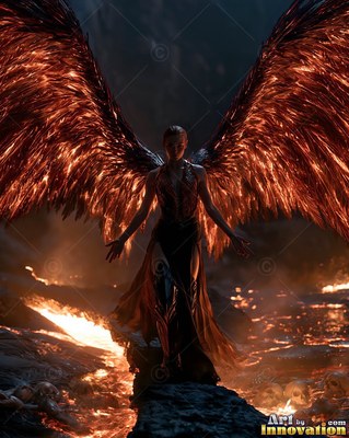 A winged woman stands above fiery lava with open hands