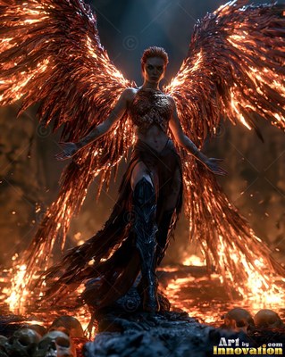 Fiery feathered wings spread wide behind a woman with wings standing on dark ground of skulls