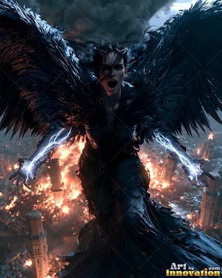 A woman with feathered wings screams with lightning on her arms above an orange burning city