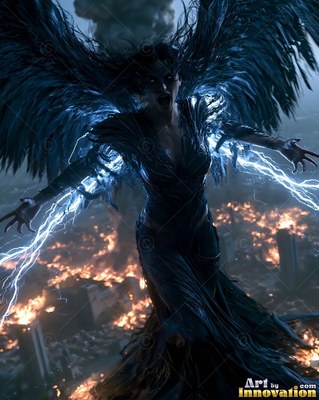 Reaching down over a burning city, a woman with wings casts blue lightning from her hands