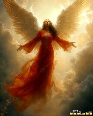 In bright clouds, a winged woman in a red gown rises with open arms