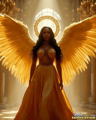 Standing with wings spread, a Black woman wears a gold gown in a hall light